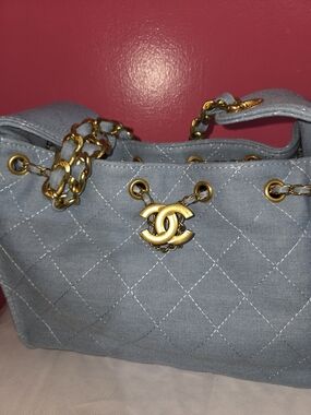 Quilted Light Blue Chain-Accent Shoulder Bag